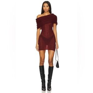 H:OURS ADELE OFF THE SHOULDER SWEATER MINI DRESS IN OXBLOOD